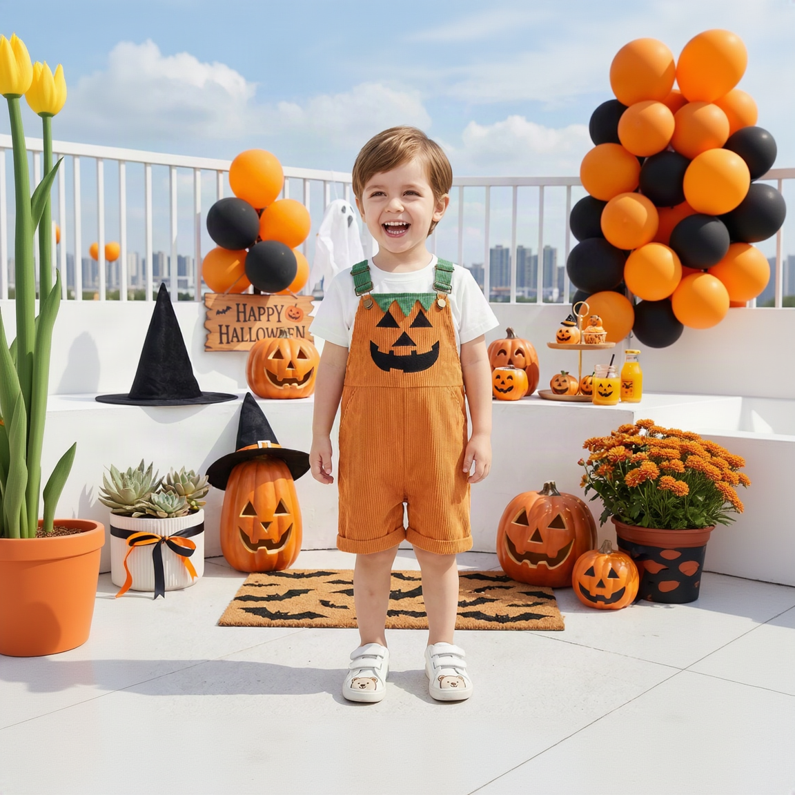 Salopette d’Halloween pour bébé présentée sous différents angles
