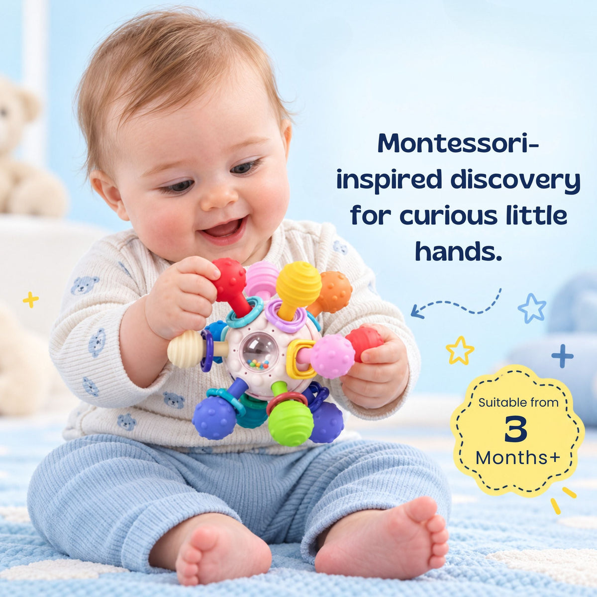 Balle de dentition sensorielle multicolore pour bébé sur fond blanc