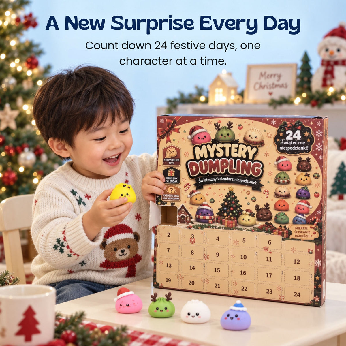 Collection de petits squishies de raviolis inclus dans le calendrier