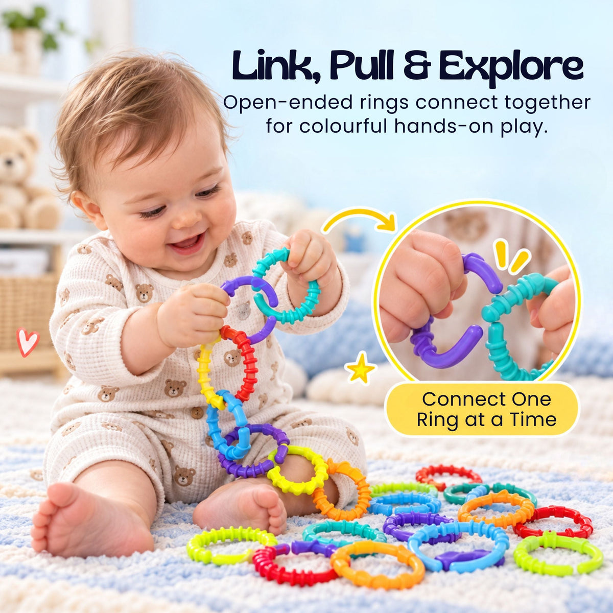 Jeu sensoriel pour bébé composé d’anneaux à relier