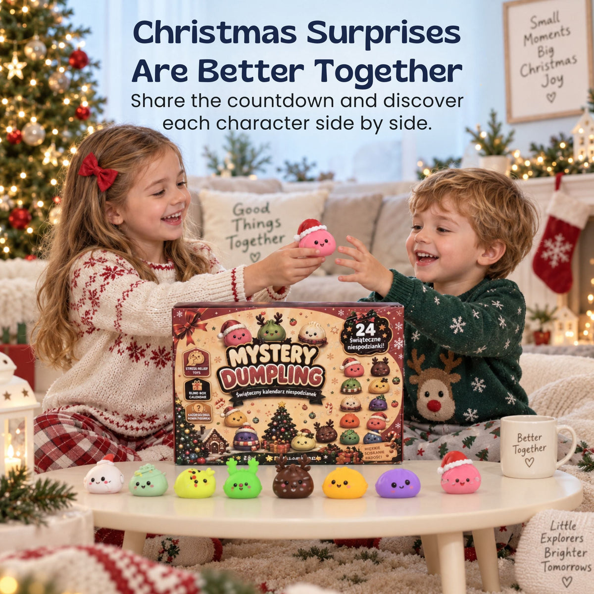 Présentation du calendrier de Noël et de ses jouets en forme de raviolis