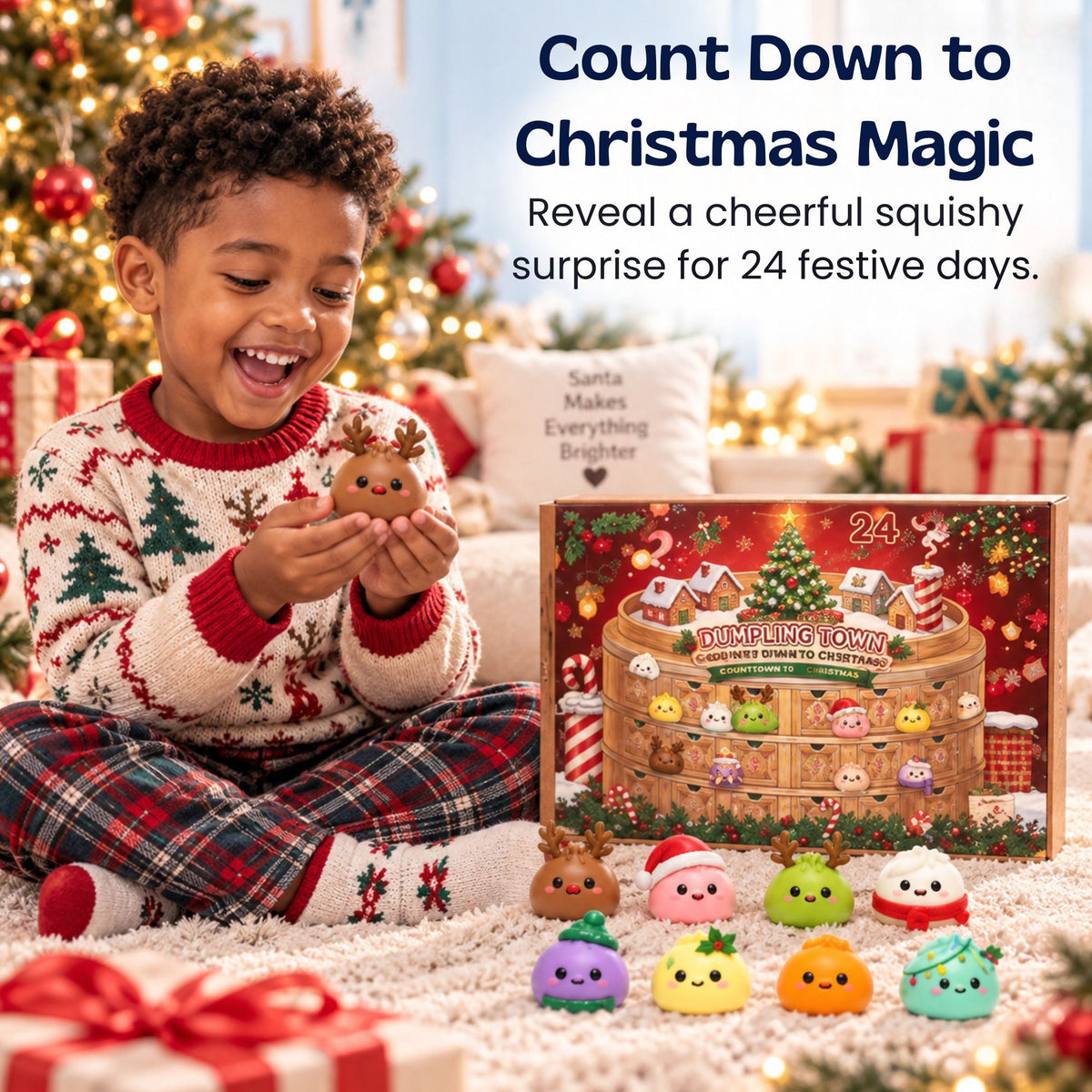 Calendrier de Noël présentant des squishies en forme de raviolis
