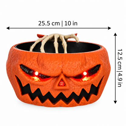 Vue de face du bol à bonbons d’Halloween aux yeux lumineux