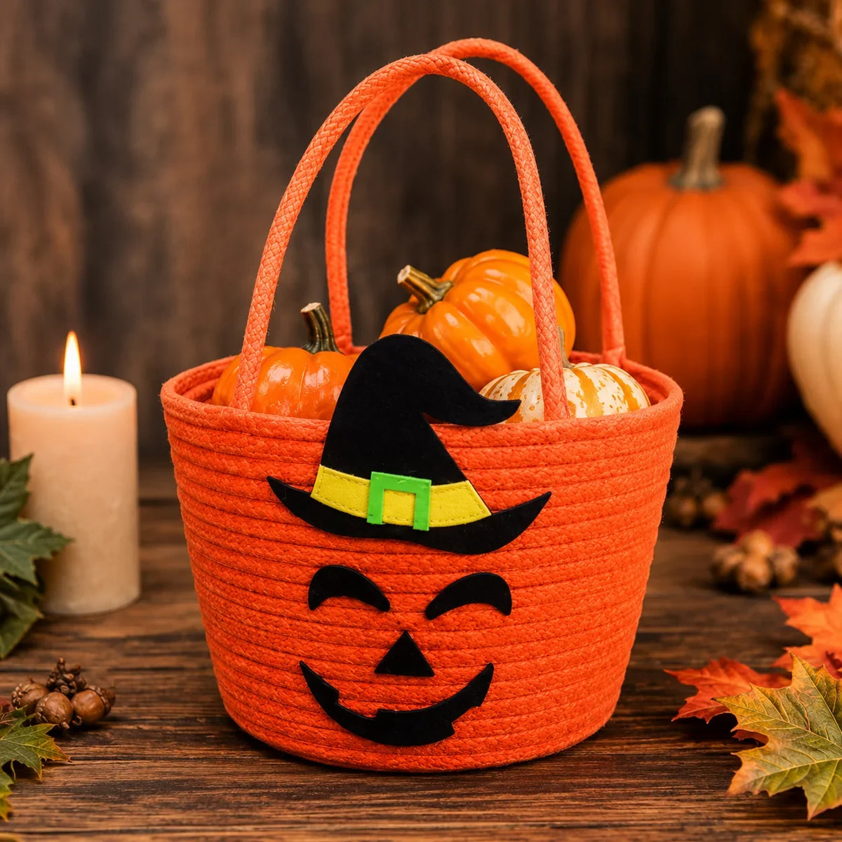Détail du motif de chapeau de sorcière sur le panier