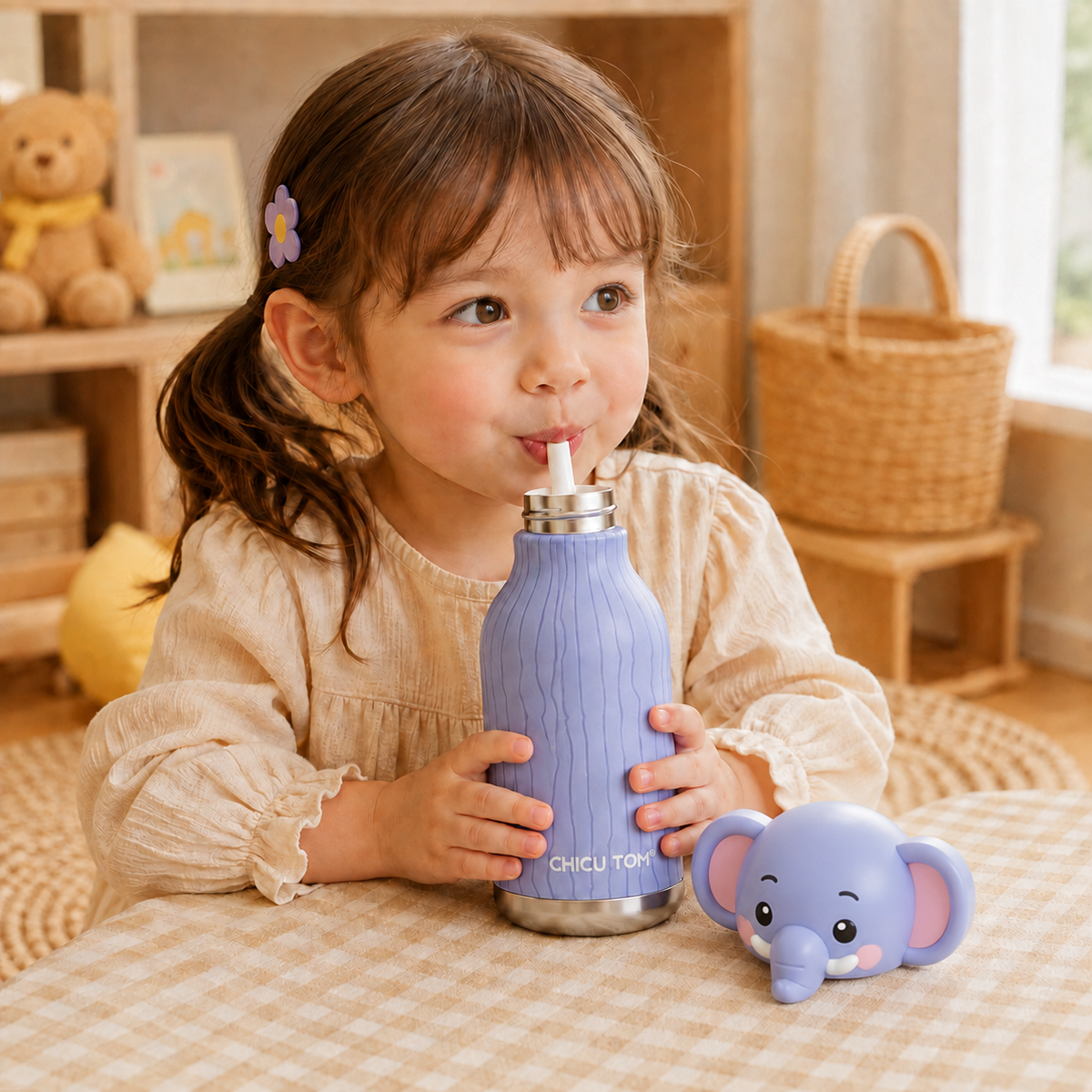 Bouteille thermos pour enfant montrant ses motifs d’animaux