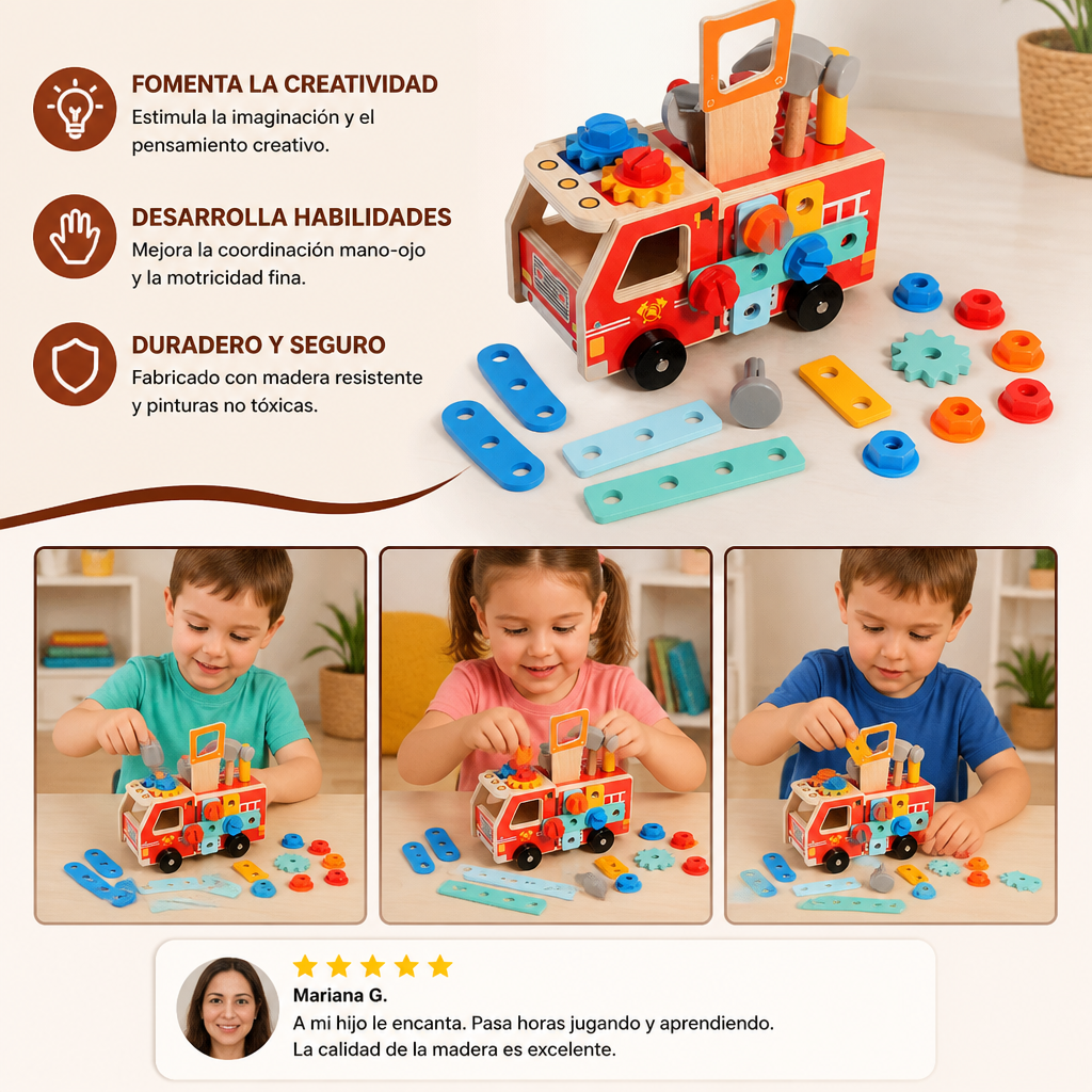 Boîte à outils et accessoires du camion de pompiers Montessori