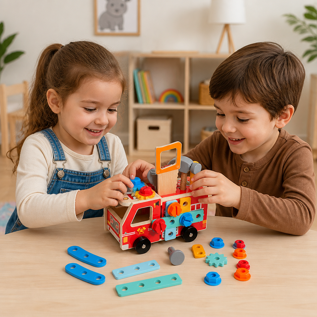 Camion de pompiers en bois Montessori avec boîte à outils