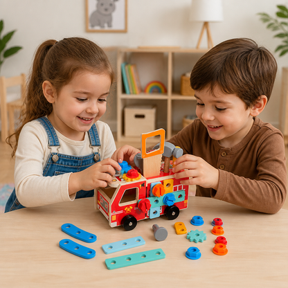 Camion de pompiers en bois Montessori avec boîte à outils
