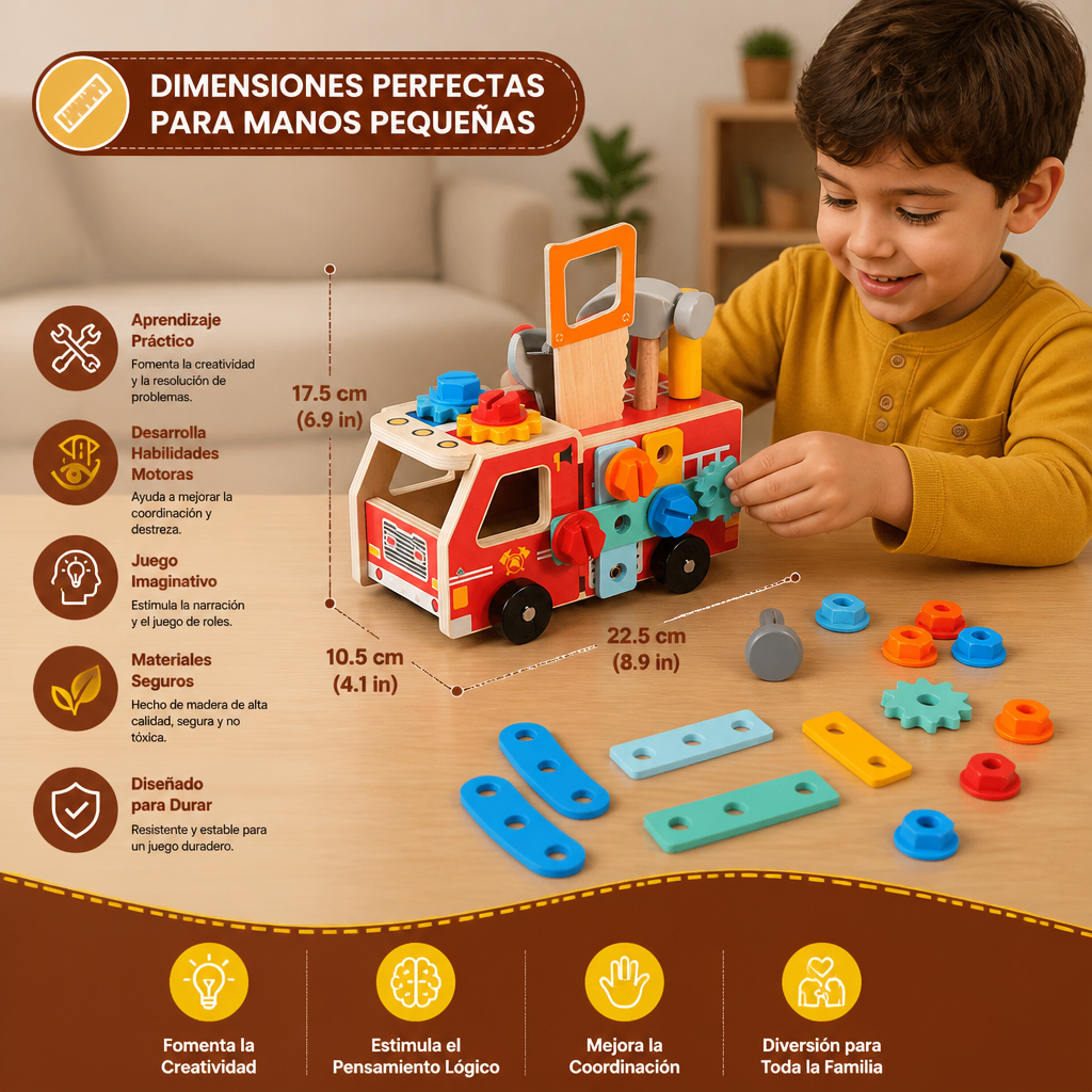 Détails du camion de pompiers en bois avec pièces et outils inclus