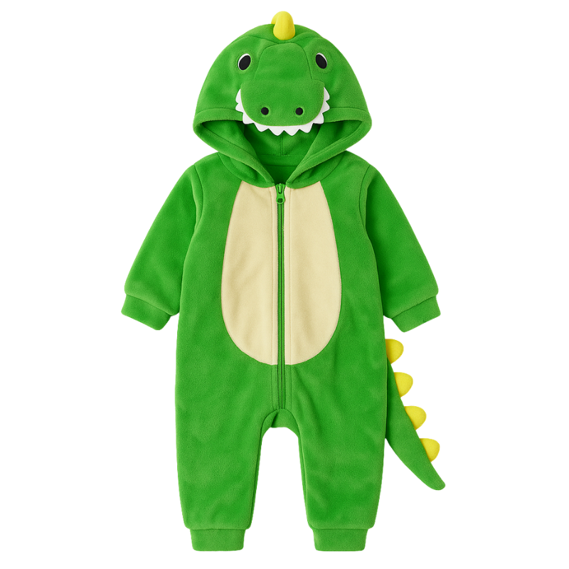 Combinaison une pièce douillette à motif dinosaure présentée de dos.