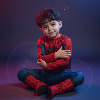 Ensemble de costume de superhéros pour enfant présenté sur fond neutre