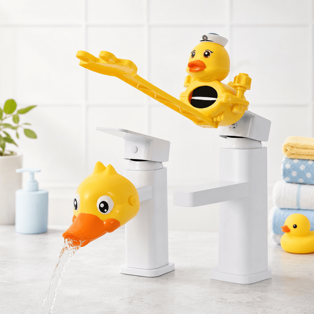 Extenseur de robinet pour enfants installé sur un robinet de salle de bain