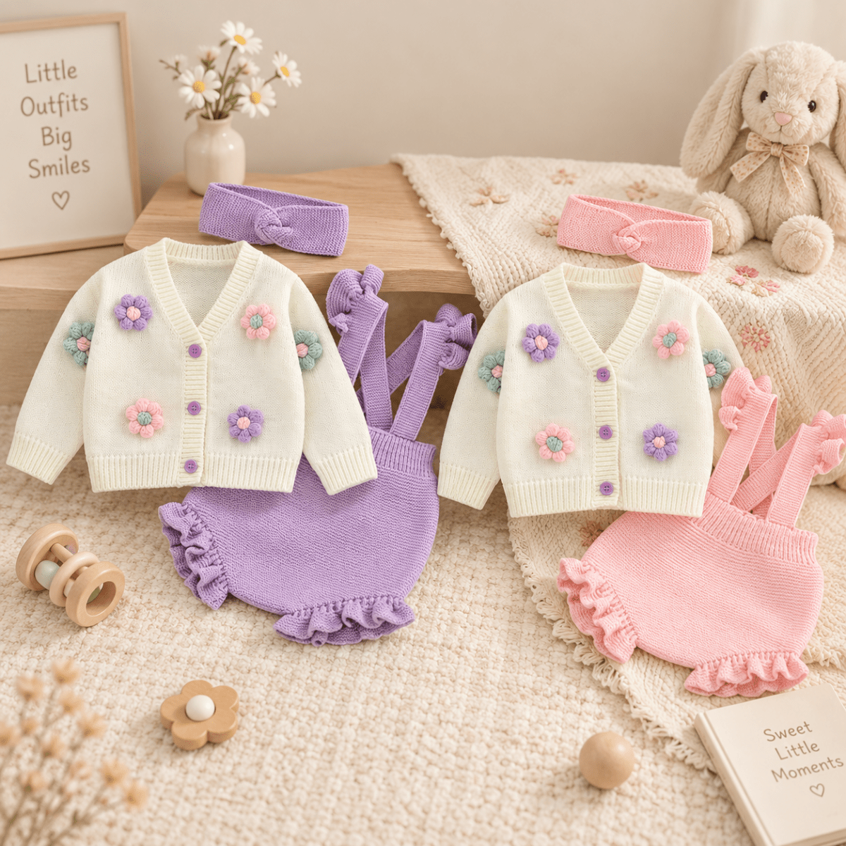 Ensemble Bébé Tricoté 3 Pièces Cardigan Salopette Et Bandeau - Enfant Joyeux