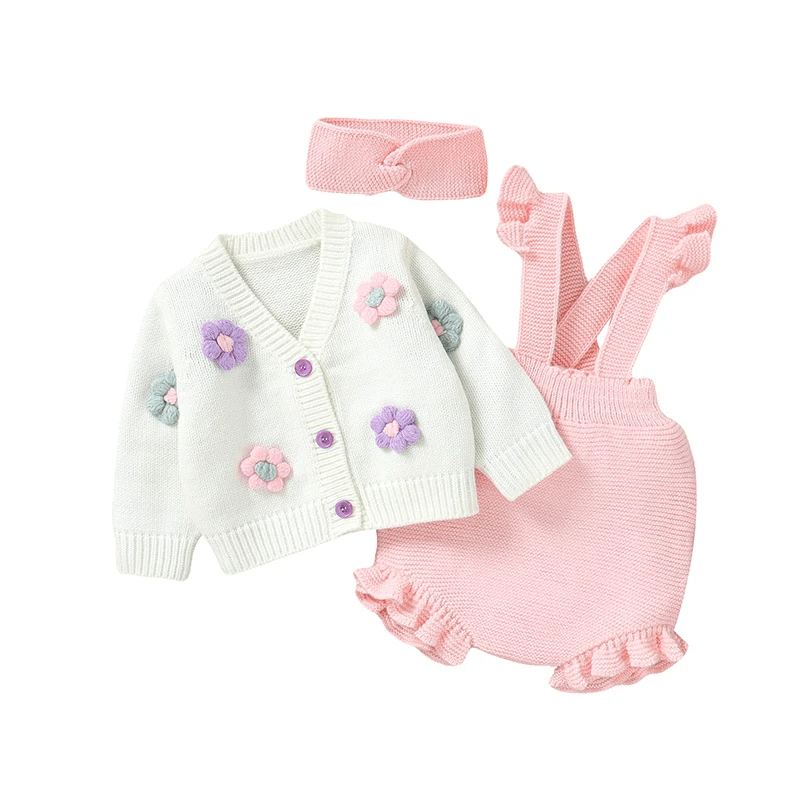 Ensemble Bébé Tricoté 3 Pièces Cardigan Salopette Et Bandeau - Enfant Joyeux