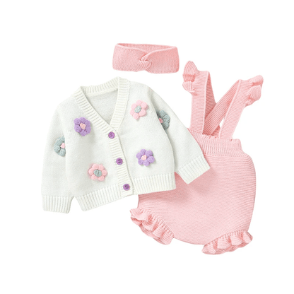 Ensemble Bébé Tricoté 3 Pièces Cardigan Salopette Et Bandeau - Enfant Joyeux