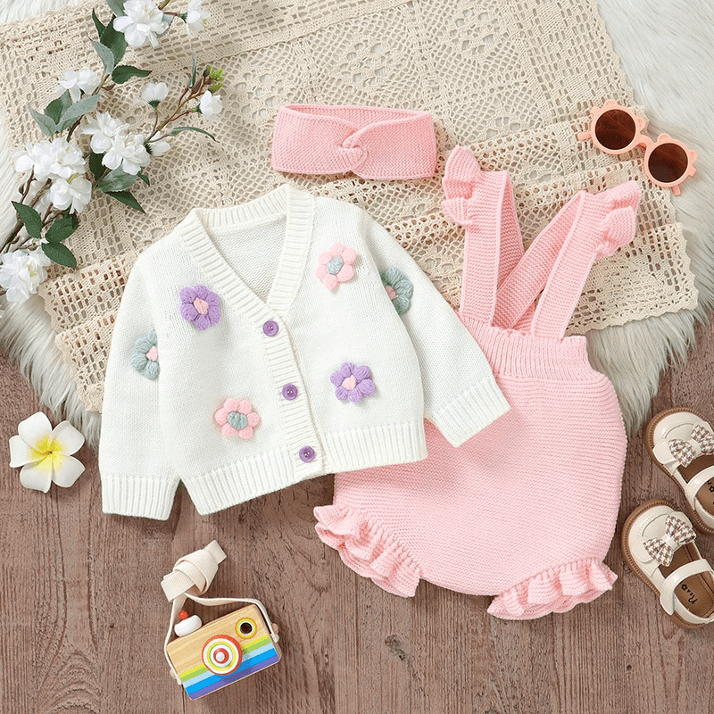 Ensemble Bébé Tricoté 3 Pièces Cardigan Salopette Et Bandeau - Enfant Joyeux