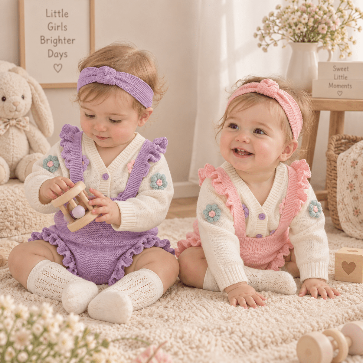 Ensemble Bébé Tricoté 3 Pièces Cardigan Salopette Et Bandeau - Enfant Joyeux