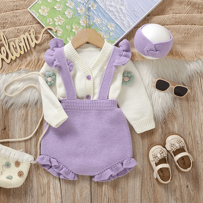 Ensemble Bébé Tricoté 3 Pièces Cardigan Salopette Et Bandeau - Enfant Joyeux