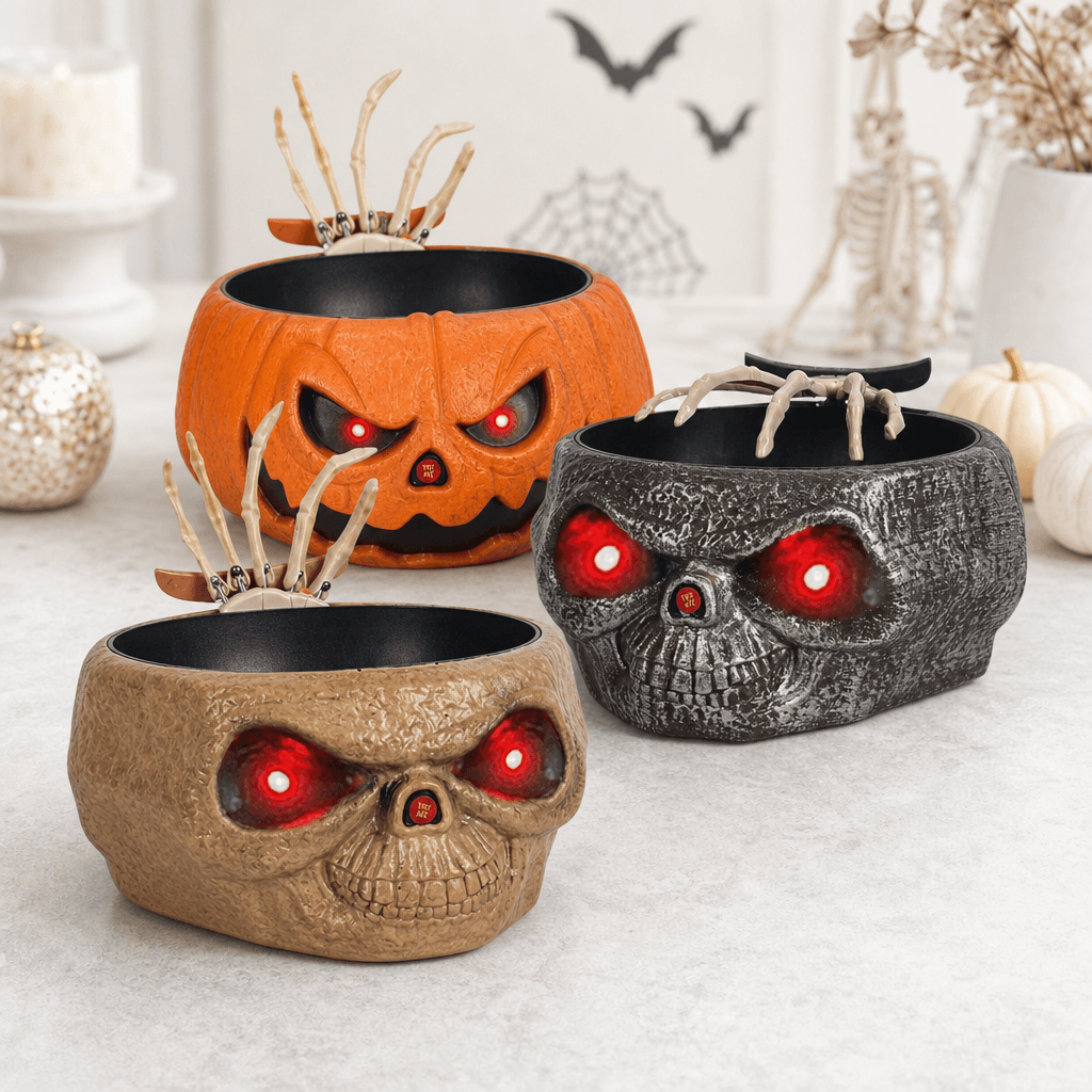 Bol à bonbons animé d’Halloween avec yeux lumineux allumés