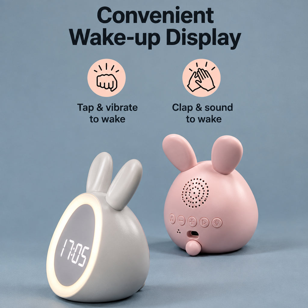 Vue rapprochée des oreilles et de la veilleuse du réveil lapin