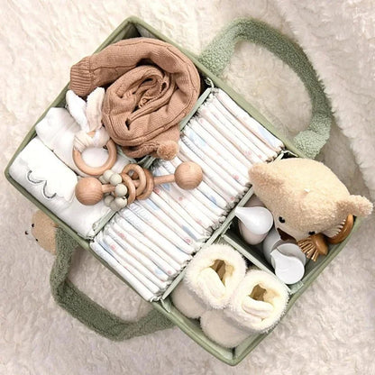 Panier de rangement pour bébé vu de face avec ses poignées