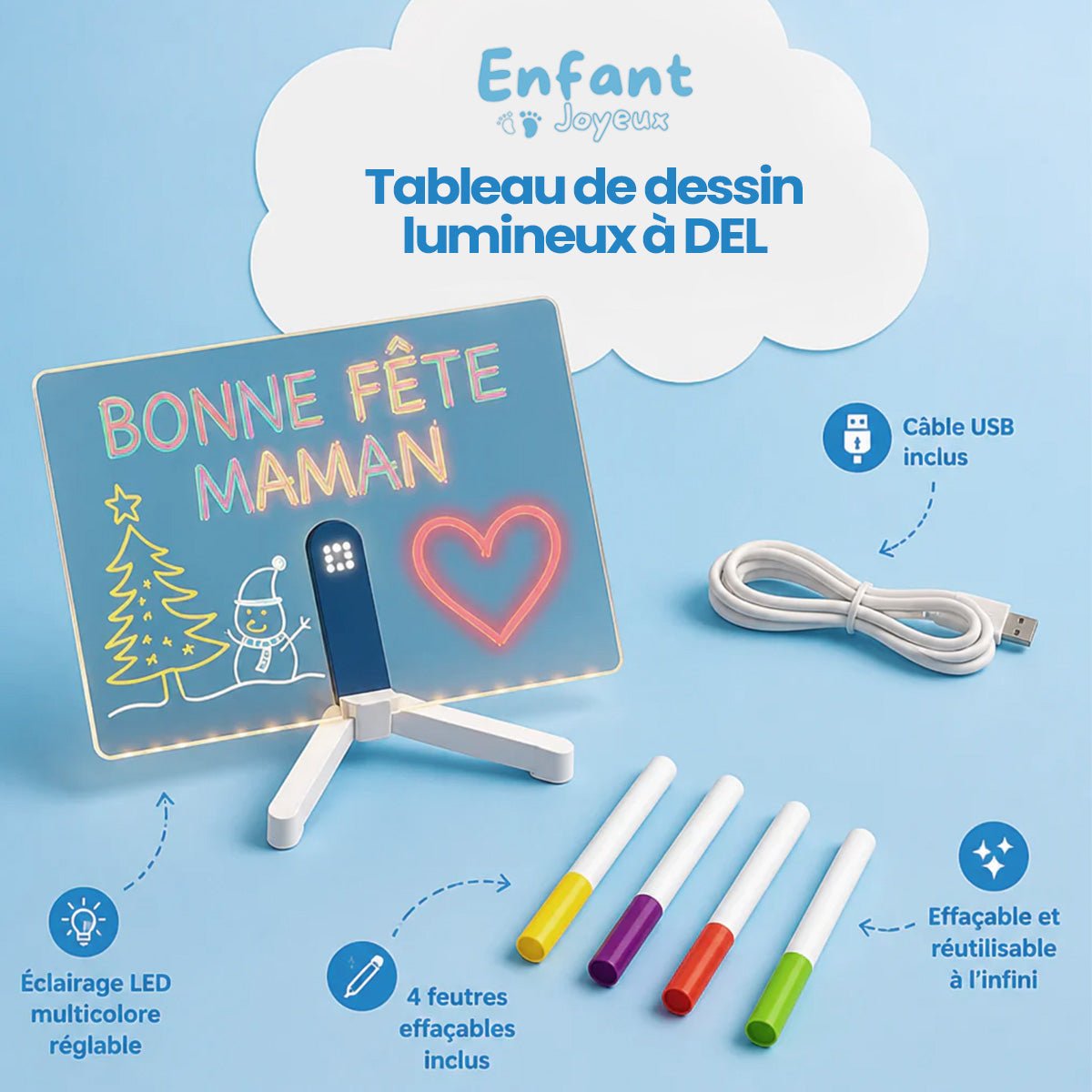 Tableau de dessin lumineux à DEL - Enfant Joyeux