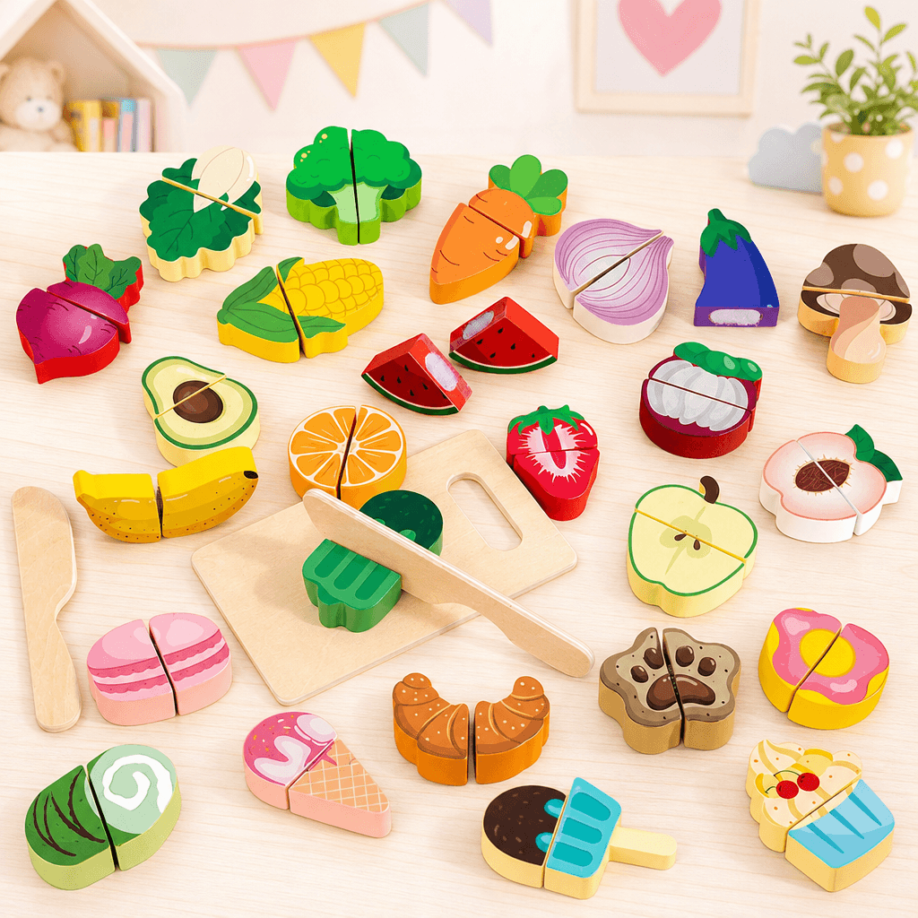 Jeu de nourriture en bois Montessori composé de plusieurs aliments à couper